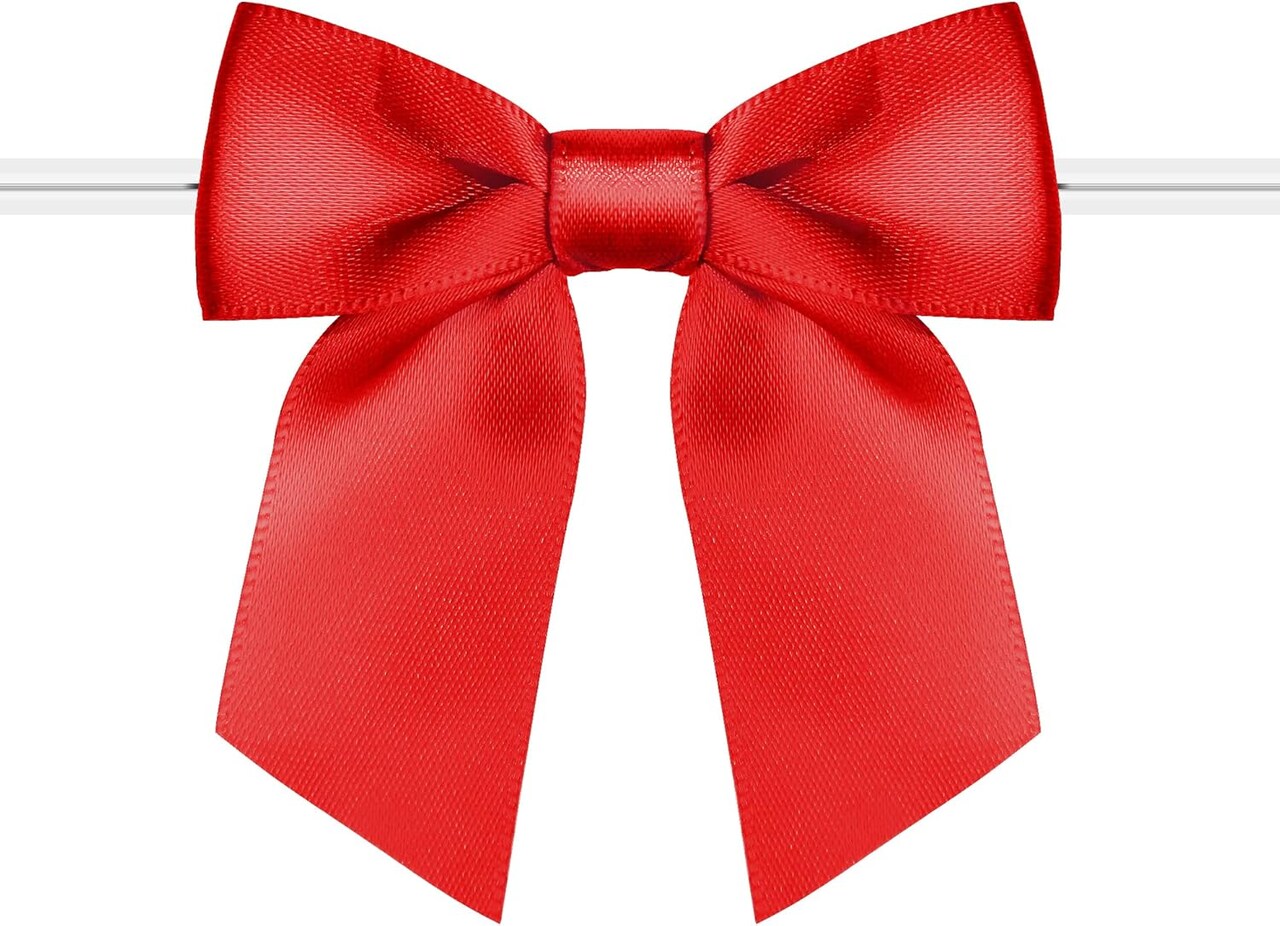 120 Pack Christmas Luxury Twist Tie Bows, Red 3" Satin Ribbon Pretied Bows, Premade Craft Decoration for Package Cake Pop Basket Favors Cookie Candy, Gift Wrapping Baby Shower Wedding